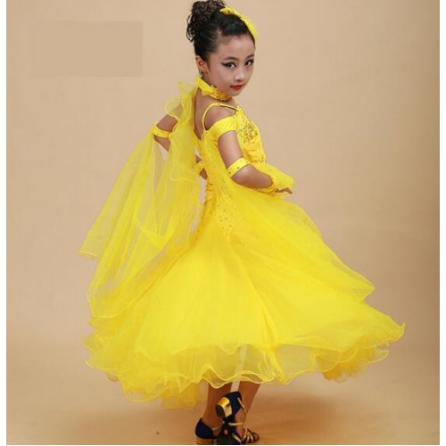 Yellow red turquoise Children Standard Ballroom Dance Competition Dresses Waltz/Tango Dresses Kids For Sale Girls Jazz Dance Costumes